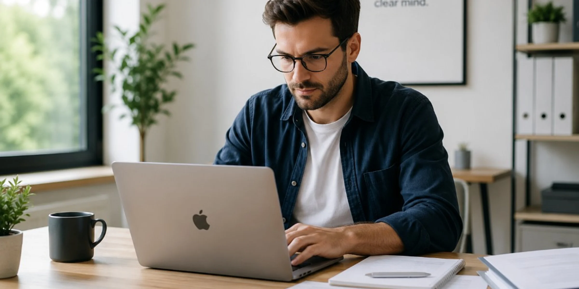 Small business owner working on bookkeeping at a desk with laptop and paperwork