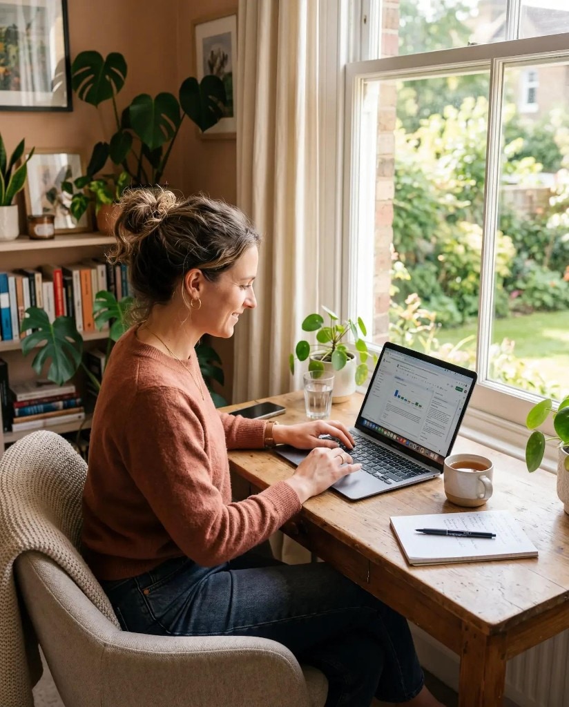 Small business owner reviewing her books on a laptop at home